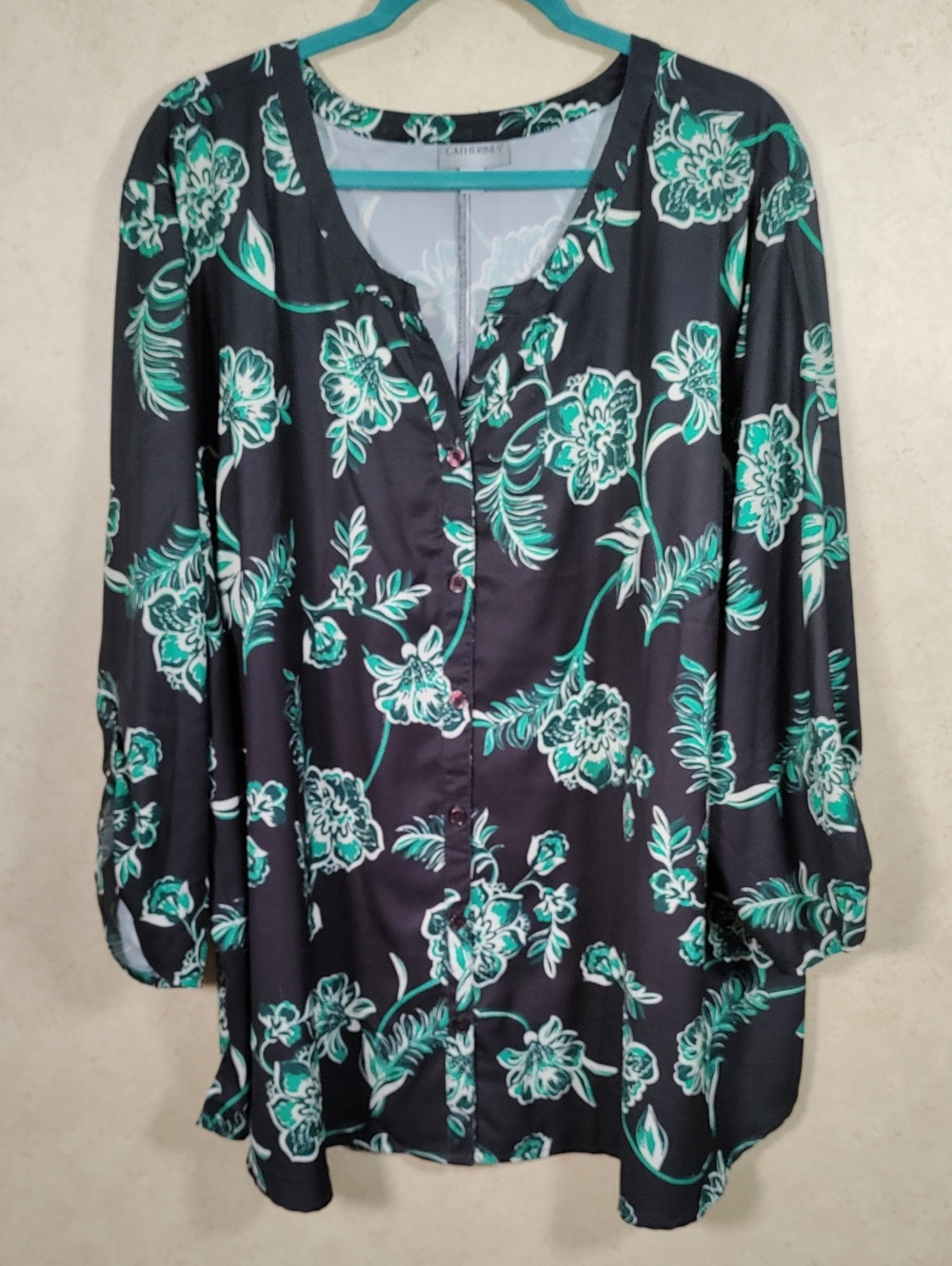 H154 Catherines Black & Green Floral Button-Front Blouse 4X